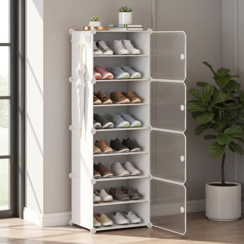 Image of Sunderlook Shoe Rack Plastic for Home- Slipper Stand, Professional Shoe Stand, Chappal Stand, Multipurpose Foldable Standing Comfort Runner Shoe Rack with Door (Off White, 7 Shelf 4 Door)