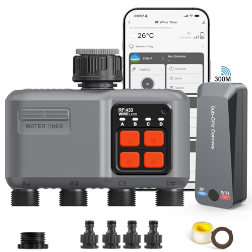 johgee Programador de Riego WiFi 4 Salidas con Gateway Tecnología RF 300M, Temporizador Riego...