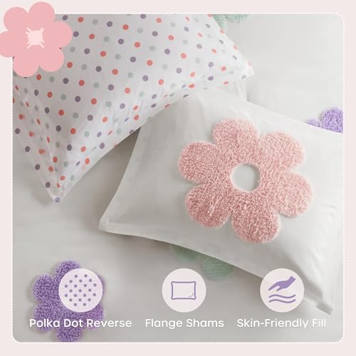 Urban Habitat Kids Twin Comforter Set for Girls, Tufted Chenille Floral Comforter Set Twin, Lightweight Polka Dot Comforter Reversible Bed Set, Sham, Pillow, Gracie, Twin White/Purple 3 Piece