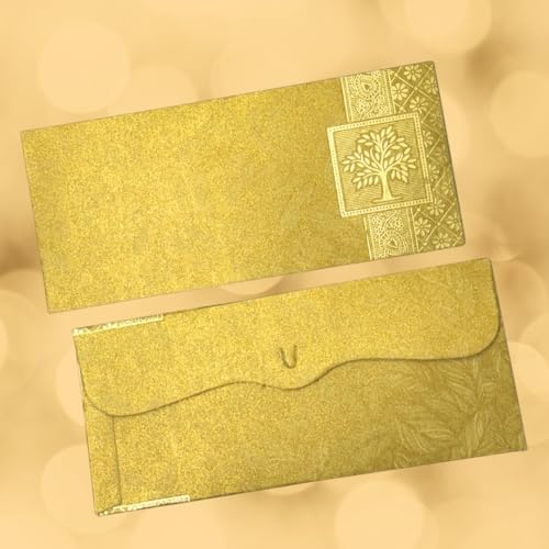Image of Pack of 25, Rectangle Shape Metallic Paper Shagun Envelopes for Gifting Sagan Lifafa Wedding Occasion Cash Money, 18 X 8 cm, Gold Color - Gold Tree Design