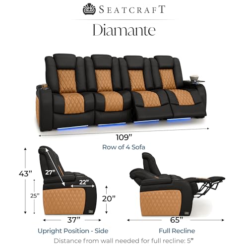 Image of Seatcraft Diamante Black /Tan Oak Italian Leather Home Theater Seating, Zero Gravity Power Recliner, Gaming and Home Office Chair, Powered Headrest Furniture for Family Cinema Room, Row of 4 Sofa