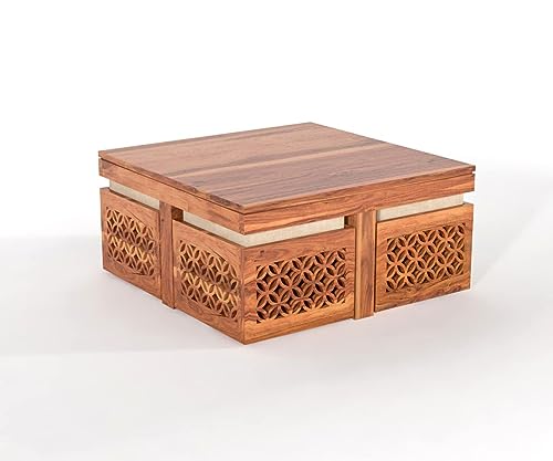 Image of Solid Sheesham Wood Center Coffee Table with 4 Stool for Living Room, Garden, Patio, Guest Room, Cafe | Wooden Coffee Table for Living Room (Natural Finish)