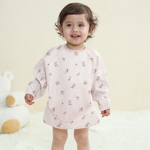 Image of Susurration Baby Long Sleeve Bib Waterproof Sleeved Bib Smock for Baby | 2 Pack Baby Reusable Feeding bibs, 6-36 Months Baby Feeding Essentials - Pink Flower