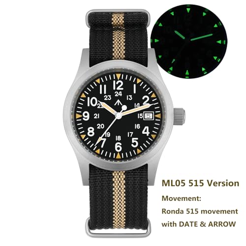 Image of Militado ML05 38mm VH31 Quartz Watch - Domed Sapphire Crystal Field Watch C3 Super Luminous Retro Sweep Wrist Watch for Men 100M Waterproof