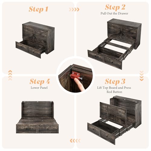 Image of AMERLIFE Queen Murphy Bed Cabinet with Charging Station and Storage, Farmhouse Foldable Platform Bed for Guest Room, Office, Small Spaces, Black Oak