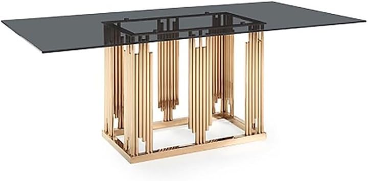 VIG Furniture Token Collection Modern Rectangular 12mm Smoked Grey Tempered Glass Top Dining Table with Rosegold Finished Stainless Steel Base, Smoked & Rosegold