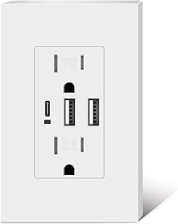 USB Wall Outlets, 3-Port USB C Outlet Receptacles, 30W 6.0A USB Electrical Outlet, 15 Amp Tamper-Resistant Outlet with USB C Ports, UL & FCC Listed, Screwless Wall Plate Included, White