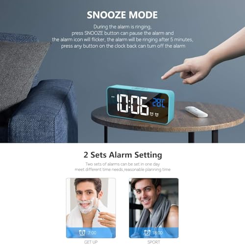 Image of Digital Alarm Clock with Large LED Display Mirror with Temperature Indicator Dual Alarm, Snooze, 4 Degrees Brightness Adjustment, 13 Music Settings, USB Connection, Bedroom