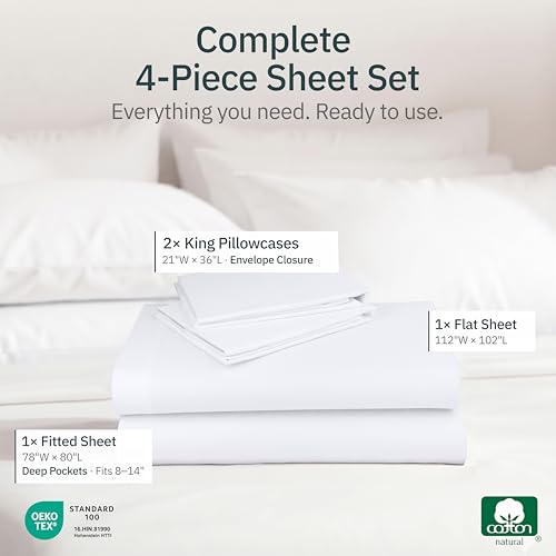 Image of California Design Den Super Soft 100% Cotton King Sheets, 4 Pc Set, White | Lightweight & Breathable For Hot Sleepers, 14 inch Deep Pocket, All-Around Elastic, Durable, Easy Care, OekoTex Certified