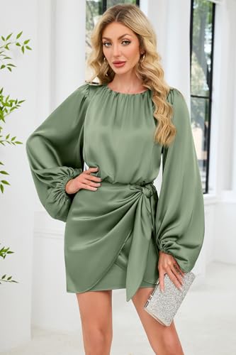 Women's Short Formal Satin Dress Elegant Long Lantern Sleeve Pleated Crew Neck Tie Waist Cocktail Party Mini Dresses2