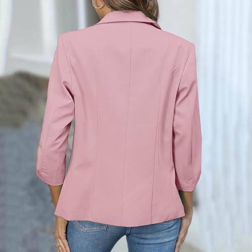 Women's Ruched 3/4 Sleeve Suit Jackets Dressy Casual Blazer Slim Fit Jacket Padded Shoulder Pockets Fully Lined Suit3