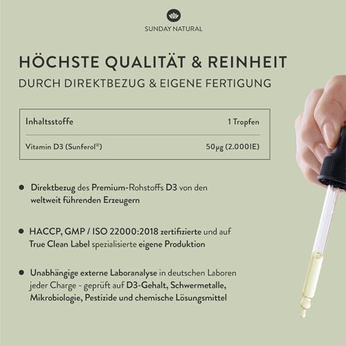 SUNDAY NATURAL® Vitamin D3 Tropfen Hochdosiert – 2000 IE Sunferol® D3 pro Tropfen – Premium Vitamin D hochdosiert in MCT-Kokosöl gelöst, Langzeitvorrat (50 ml), laborgeprüft