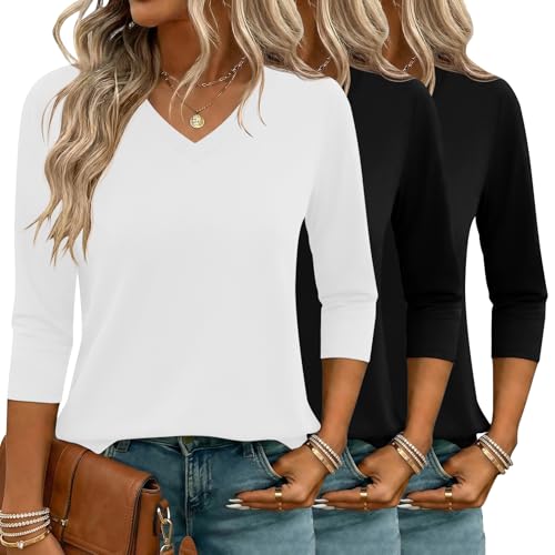 LOMON 3 Pack Tops for Women 3/4 Sleeve V Neck Basics Tees Business Casual Summer T Shirts Black, White, Black XX-Large