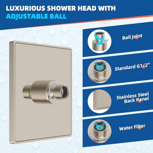 Hibbent cUPC Certified Metal Shower Head, 6'' High Pressure Rainfall Shower Head, Square Bathroom Waterfall Shower Heads, High Flow Fixed Showerheads with Adjustable Brass Ball Joint, Brushed Nickel by Hibbent - Used condition - Image 2