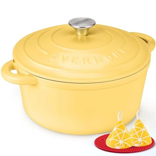 Overmont Enameled Cast Iron Dutch Oven - 5.5QT Pot with Lid Cookbook & Cotton Potholders -...