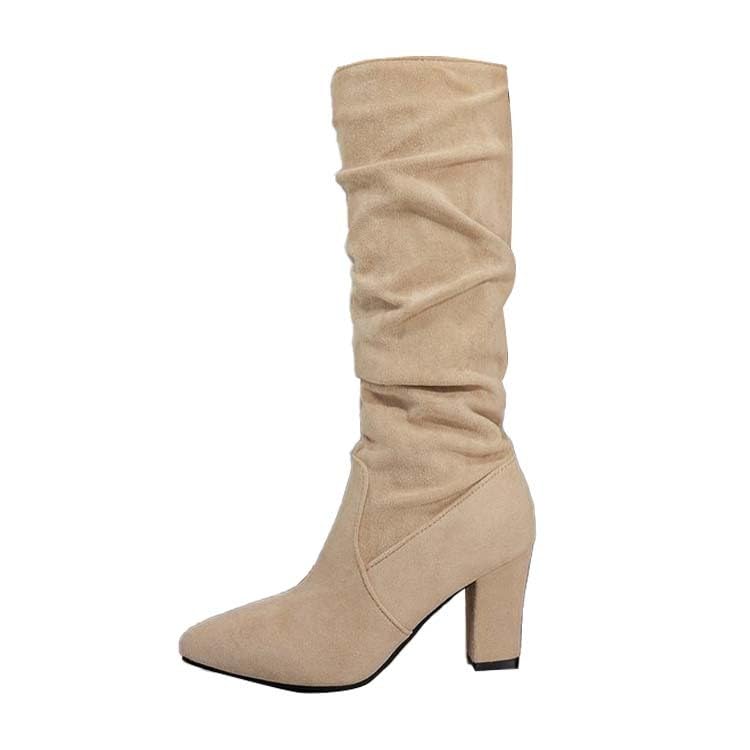 Elegantes botas altas hasta la rodilla con puntera puntiaguda plisada y tacón clásico para guardarropa festiva de invierno, beige, 37 EU