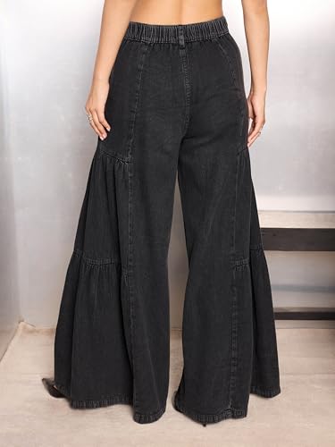 Image of Sassafras Women's Flared Washed Gathered Front - Casual Streetwear Denim Wide Leg Jeans