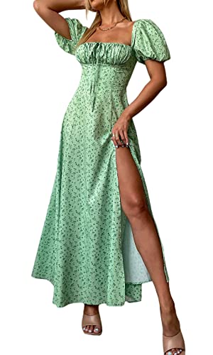 Women's Summer Puff Sleeve Floral Split Maxi Dress Flowy A Line Casual  Beach Long Dresses-Green-XS at Amazon Women's Clothing store