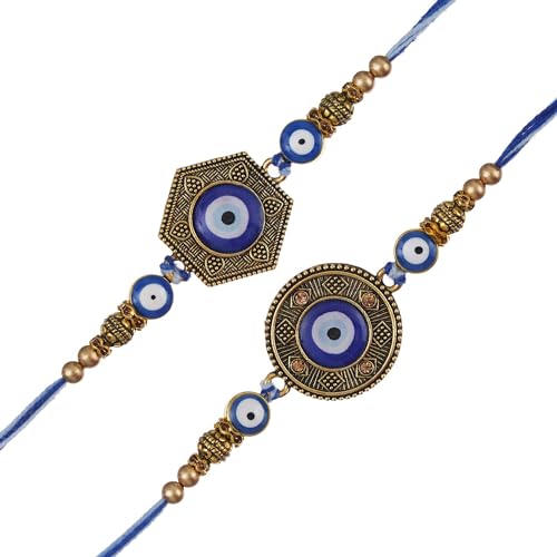 Image of eCraftIndia Set of 2 Evil Eye Designer Rakhis for Brother with Roli Chawal Pack | Raksha Bandhan Rakhi