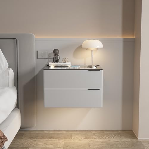 Mesita de noche flotante con cajón y estación de carga, mesita de noche LED de alto brillo para dormitorio y sala de estar