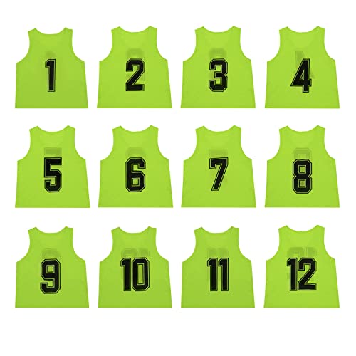 [NA] TOEPODO ビブス 子供 12枚 1～12番 裏表前後ろ番号あり 収納バッグ付き 10色展開 吸汗 軽量 良通気 男女兼用 サッカー バスケ フットサル学校 行事 自治体 運動会 (蛍光グリーン)