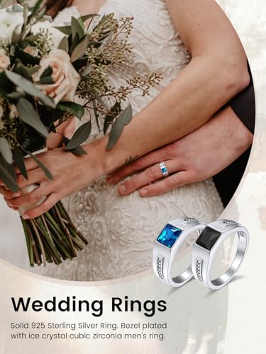 GoldChic Jewelry Silver Signet Rings Crystal Ring for Women Men, Personalized Stainless Steel Pinky Ring with Blue Topaz Black Onxy Birthstone Statement Ring4