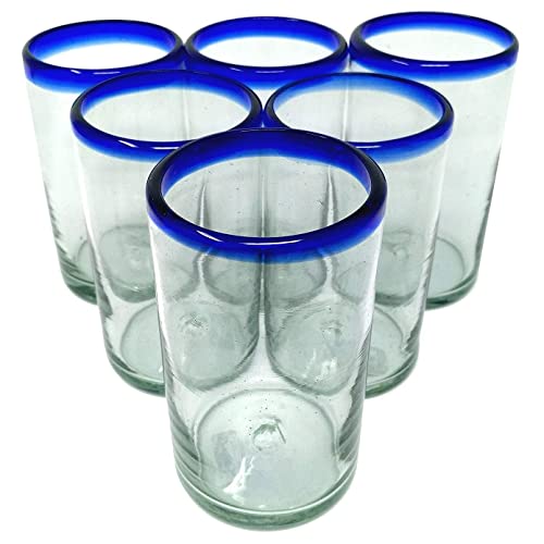 Set de 6 vasos de vidrio soplado con borde azul cobalto 14 oz