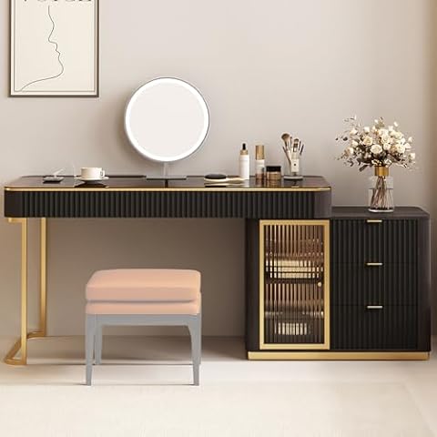 Lartis Fluted Makeup Vanity Desk no Mirror with Storage Office Desk Computer Desk Home Telescopic Writing Desk Storage Cabinet Retractable Corner Built-in LED Lights, Five Large Storage Drawers Cover