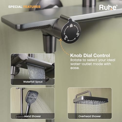 Image of Ruhe Rain Smart Shower Panel Set, Triple Flow Functions, Wall-Mount Matte Finish | Adjustable Height Shower Panel | Includes Overhead Shower, Triple Flow Hand Shower with Installation Accessories
