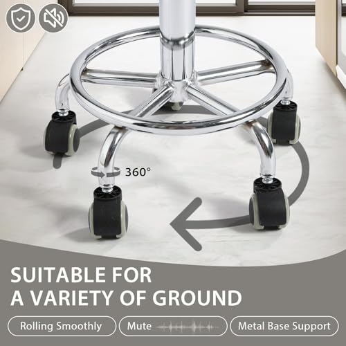 Image of Rolling Stool with Wheels - 500lbs,Thick 9.5cm Cushion, Height Adjustable | PU leather|Swivel silent rubber casters|Foot pedal ring|space-saving|For Drafting salon tattoo clinic garage home office