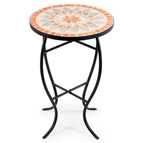 Image of VONLUCE Mosaic Side Table and Plant Stand, 53.5cm Round Side Table with 36cm Ceramic Tile Top, Indoor and Outdoor Accent Table, Outdoor Patio Bistro Coffee Table for Home & Garden (Quilt Star)