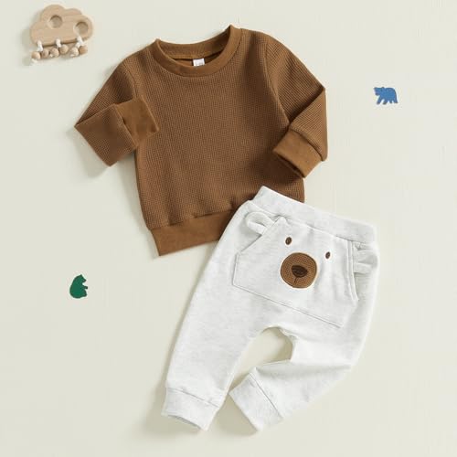 CIYCUIT Baby Boy Outfits Long Sleeve Waffle Tops Pants Set3