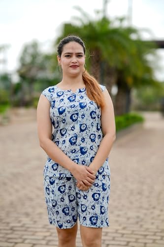 Image of Women's Cotton Night Suit Set - Soft Half Sleeve Top & Printed Shorts for Comfortable Sleepwear & Loungewear | Stylish Summer Nightwear for Women
