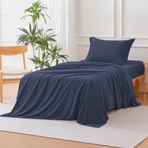 Image of Amazon Basics Jersey Knit 3-Piece Sheet Set, Wrinkle Resistant and Easy Fit, Includes 16 inch Deep Pocket Fitted Sheet, 1 Flat Sheet and 1 Pillowcase, Twin, Navy Blue