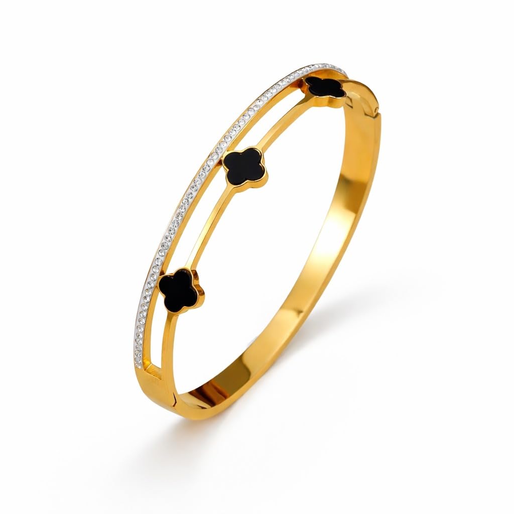 Gold Bangle Clover Bracelet for Women Stylish | Stainless Steel Black Floral Design Kada for Girls| Anti Tarnish Jewellery for women | Valentine Gift for girlfriend Wife gifts woman-295-image-46