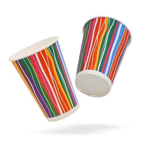 PARICOTT 300ml – 100 Cups | Multi Stripe Printed Paper Cups | Disposable Use & Throw Glasses for Tea, Coffee, Juice, Water, Wine, Cocktail, Party, Travel, Wedding, Events – Eco-Friendly