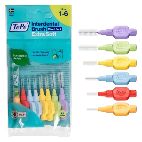 TePe Interdental Brush, Extra Soft, Mixed Pack, 0.45-1.1mm/ISO 1-6, 8pcs, Plaque Removal, flossers for Wide Gaps, from Narrow to Large Gaps