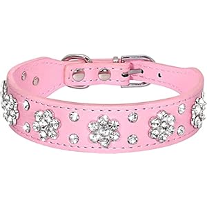 Serijoars Rhinestone Dog Collar, Cute Flower Rhinestone Cat Dog Collar Bling Collar PU Leather Collar Adjustable Sizes XS Small Medium (M, Pink)