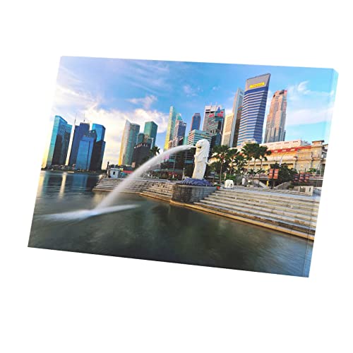 Toile Singapour nuit pour salon moderne avec vue sur la baie et Merlion
