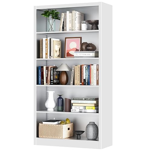 Image of VASAAOSD 66 inch Tall Metal Bookcase, 5 Shelf White Bookcase with Adjustable Shelves, Large Bookshelves and Bookcases, Modern Book Shelf Storage Organizer for Living Room, Home Office, Library