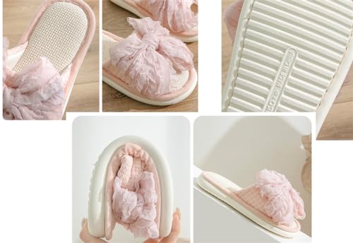 women's cute bow slippers, home linen cotton anti slip open toe home shoes, soft soled bedroom slippers3