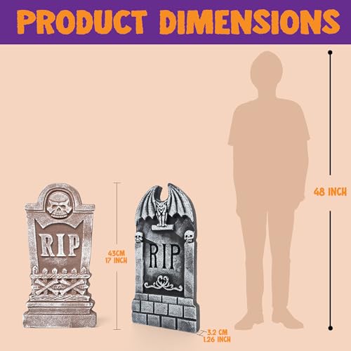 Image of JOYIN 17 inch Halloween Foam RIP Graveyard Tombstones (5 Pack), Halloween Tombstones Outdoor Decorations for Graves Decorations with 12 Metal Stakes for Cemetery Yard Lawn Party Decor