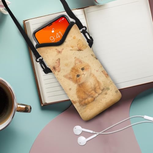 Image of Neoprene Crossbody Phone Pouch Small Shoulder Bag Lightweight Travel Bag With Removable Adjustable Strap for Phone, Keys, Lipstick, Power Bank 8 x 4 inch, Retro Cat Butterfly
