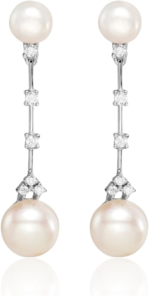 IceCarats 925 Sterling Silver 6mm Freshwater Pearl Cubic Zirconia Medium Dangle Earrings Prong Set, Butterfly Back For Her