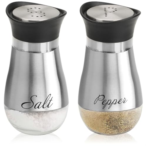 COM-FOUR® Juego de salero y pimentero de 2 Piezas de Acero Inoxidable y Vidrio - Recipiente para Especias con Etiqueta - Coctelera para Especias en la Cocina (Juego de 2 piezas - plateado)