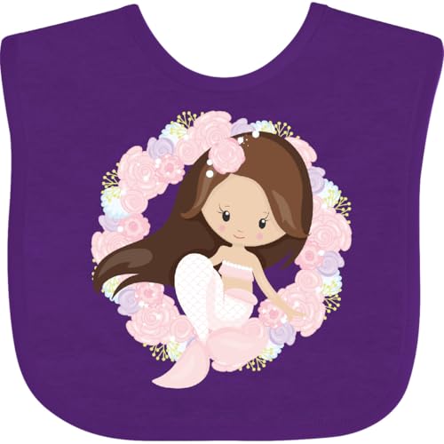 inktastic Cute Mermaid, Little Mermaid, Brown Hair, Pink Flowers Baby Bib