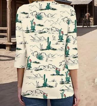 Womens Tops 3/4 Length Sleeve Shirts V Neck Graphic Western Shirts Loose Casual Vintage Blouses Cactus Desert Tees - Image 3