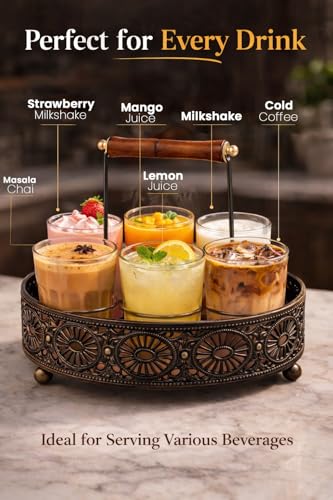 Image of Cutting Chai Glass Set of 6 - Traditional Indian Tea Glasses with Heavy Brown Metal Holder Stand | Tapri Style Chai Cups for Home, Kitchen, Cafe, Restaurant, Dhaba, Office & Tea Stall Use