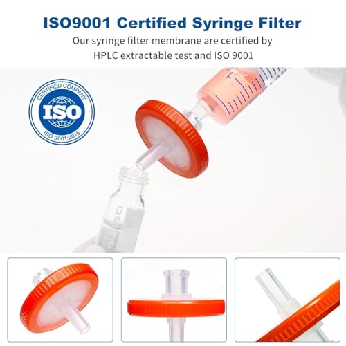 Image of Syringe Filters Hydrophobic PTFE Membrane 100PCS, 0.45um Pore Size,25mm Disc Diameter,HPLC and GC Needle Filter, Non-Sterile, High Throughput Lab Filtration, Barreled Packed