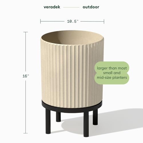 Image of Veradek Demi Series Round Planter w / Stand for Porch /Patio | Durable Plastic-Concrete & Wooden Stand | Modern Decor for Tall Plants, Flowers
